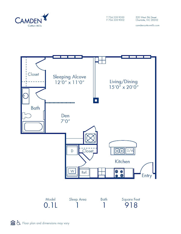 Blueprint of 0.1L Floor Plan, Studio Apartment Home with 1 Bathroom at Camden Cotton Mills in Charlotte, NC