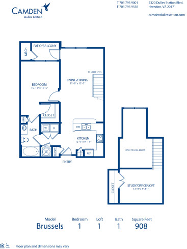Blueprint of Brussels Floor Plan, 1 Bedroom and 1 Bathroom at Camden Dulles Station Apartments in Herndon, VA