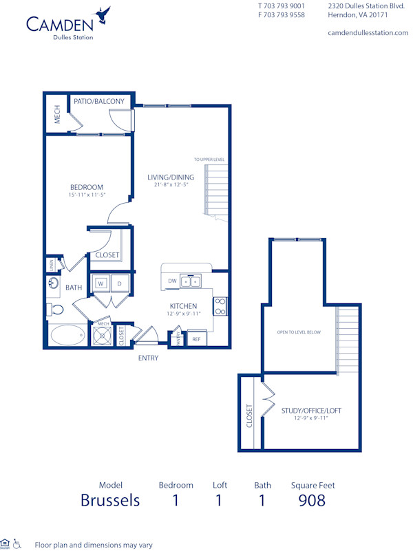Blueprint of Brussels Floor Plan, 1 Bedroom and 1 Bathroom at Camden Dulles Station Apartments in Herndon, VA
