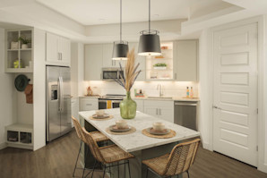 Kitchen with island and entry drop zone at Camden Gilbert apartment homes in Gilbert, AZ