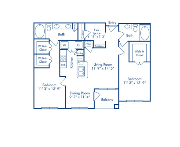 Blueprint of Valencia Floor Plan, 2 Bedrooms and 2 Bathrooms at Camden Plaza Apartments in Houston, TX