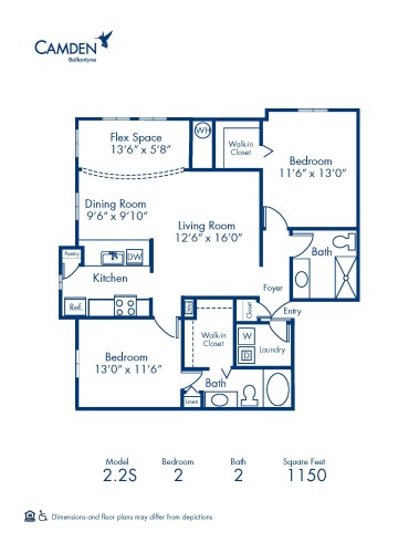 Blueprint of 2.2S Floor Plan, 2 Bedrooms and 2 Bathrooms at Camden Ballantyne Apartments in Charlotte, NC