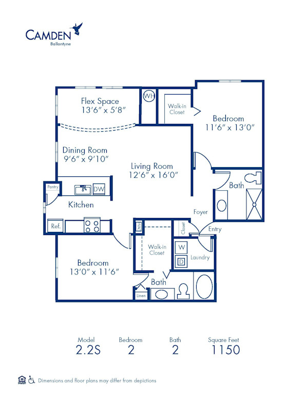 Blueprint of 2.2S Floor Plan, 2 Bedrooms and 2 Bathrooms at Camden Ballantyne Apartments in Charlotte, NC