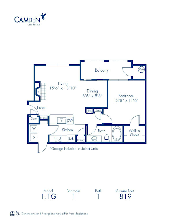 Blueprint of 1.1G Floor Plan, 1 Bedroom and 1 Bathroom at Camden Lansdowne Apartments in Lansdowne, VA