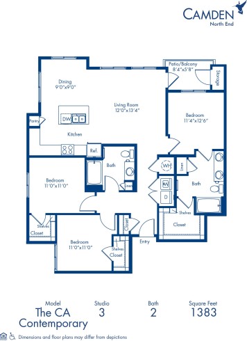 Blueprint of C-A Floor Plan, Apartment Home with Three Bedrooms and Two Bathrooms at Camden North End in Phoenix, AZ