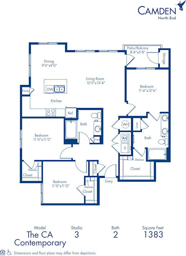 Blueprint of C-A Floor Plan, Apartment Home with Three Bedrooms and Two Bathrooms at Camden North End in Phoenix, AZ