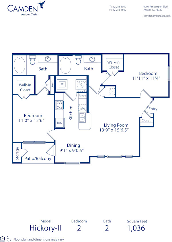 Blueprint of Hickory - II Floor Plan, 2 Bedrooms and 2 Bathrooms at Camden Amber Oaks II Apartments in Austin, TX