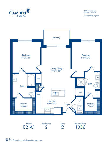 Camden Franklin Park apartments two bedroom, 2 bath B2-A1 floor plan