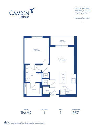 The A9 floor plan, 1 bed, 1 bath apartment home at Camden Atlantic in Plantation, FL