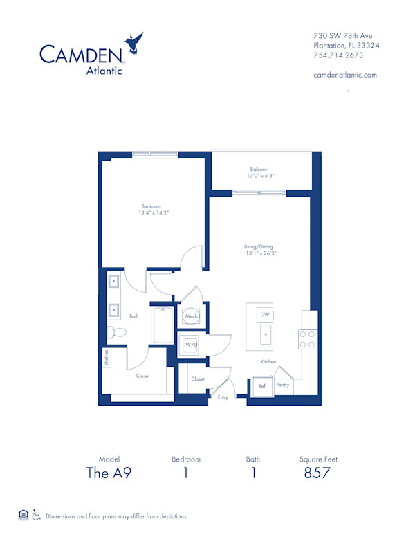 The A9 floor plan, 1 bed, 1 bath apartment home at Camden Atlantic in Plantation, FL
