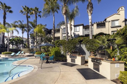Camden Crown Valley Apartments Mission Viejo CA Poolside Barbecue grills and dining areas