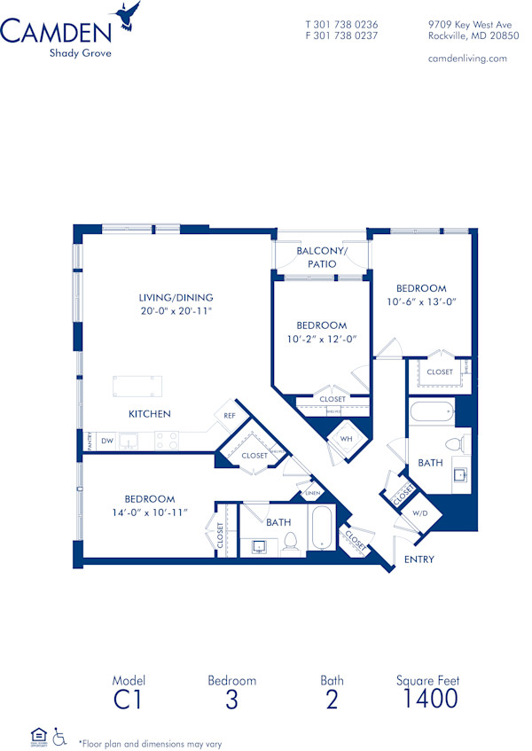 Blueprint of C1 Floor Plan, 3 Bedrooms and 2 Bathrooms at Camden Shady Grove Apartments in Rockville, MD