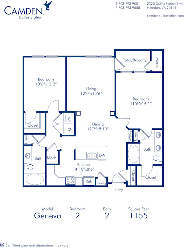 Blueprint of Geneva Floor Plan, 2 Bedrooms and 2 Bathrooms at Camden Dulles Station Apartments in Herndon, VA