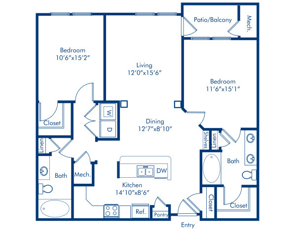 Blueprint of Geneva Floor Plan, 2 Bedrooms and 2 Bathrooms at Camden Dulles Station Apartments in Herndon, VA