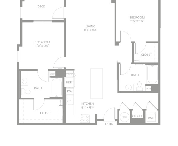 Blueprint of B1-A Floor Plan, 2 Bedrooms and 2 Bathrooms Apartment Home at The Camden in Hollywood, CA