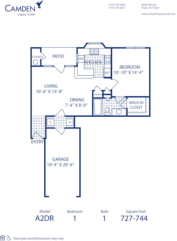 Blueprint of A2DR Floor Plan, 1 Bedroom and 1 Bathroom at Camden Legacy Creek Apartments in Plano, TX