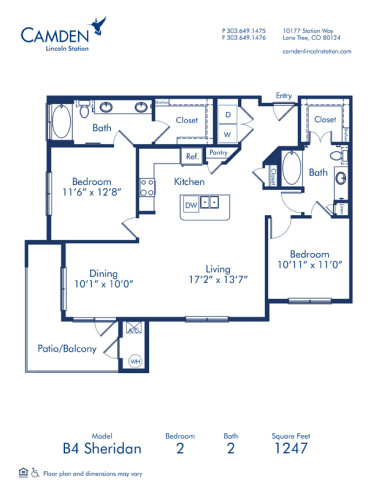 Blueprint of Sheridan Floor Plan, 2 Bedrooms and 2 Bathrooms at Camden Lincoln Station Apartments in Lone Tree, CO