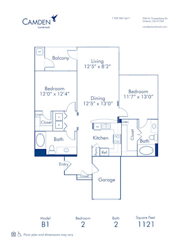 Blueprint of B1 Floor Plan, 2 Bedrooms and 2 Bathrooms at Camden Landmark Apartments in Ontario, CA