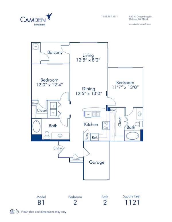Blueprint of B1 Floor Plan, 2 Bedrooms and 2 Bathrooms at Camden Landmark Apartments in Ontario, CA