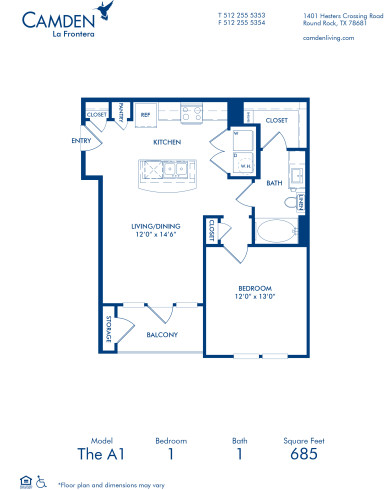 Blueprint of A1 Floor Plan, 1 Bedroom and 1 Bathroom at Camden La Frontera Apartments in Round Rock, TX