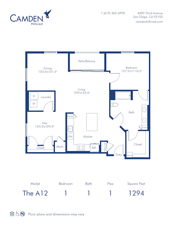 Camden Hillcrest apartments in San Diego, California one bedroom, one bath floor plan The A12