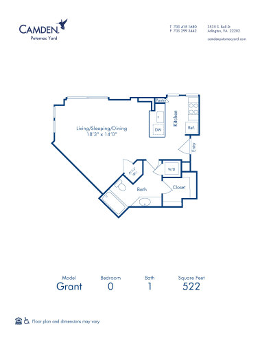 Blueprint of Grant Floor Plan, Studio with 1 Bathroom at Camden Potomac Yard Apartments in Arlington, VA
