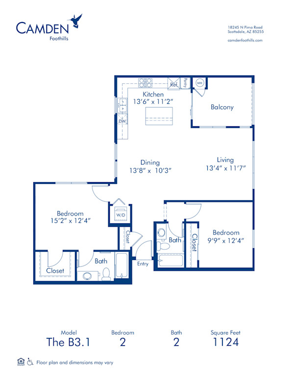 Blueprint of The B3.1 Floor Plan, 2 Bedrooms and 2 Bathrooms at Camden Foothills Apartments in Scottsdale, AZ