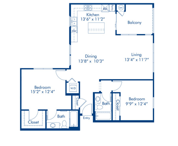 Blueprint of The B3.1 Floor Plan, 2 Bedrooms and 2 Bathrooms at Camden Foothills Apartments in Scottsdale, AZ