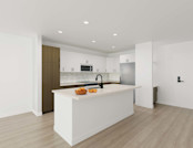 Rendering of apartment home kitchen with white countertops, wood grain and white two-tone cabinets, and washed oak wood-style flooring at Camden Nations apartments in Nashville, TN