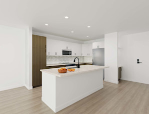 Rendering of apartment home kitchen with white countertops, wood grain and white two-tone cabinets, and washed oak wood-style flooring at Camden Nations apartments in Nashville, TN