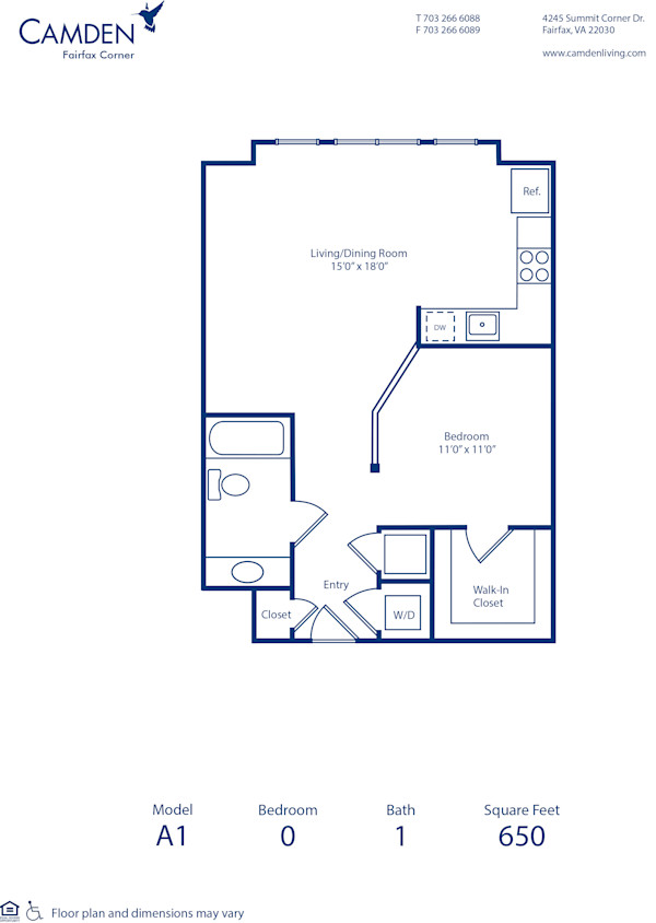 Blueprint of A1 Floor Plan, Studio with 1 Bathroom at Camden Fairfax Corner Apartments in Fairfax, VA