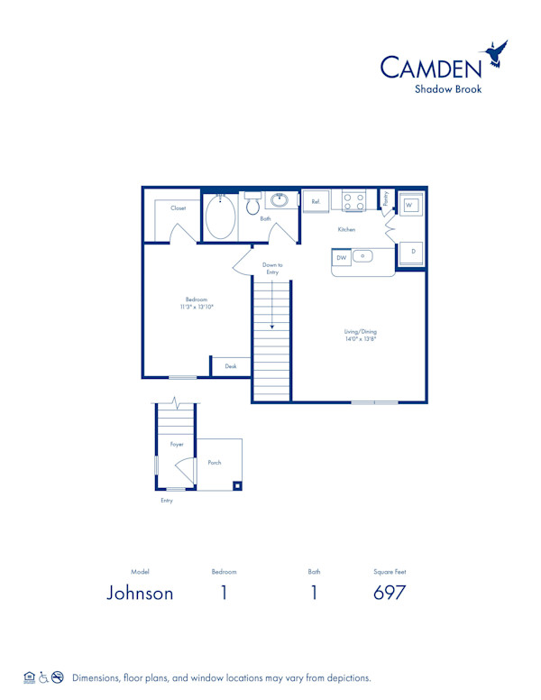 Blueprint of Johnson Floor Plan, 1 Bedroom and 1 Bathroom at Camden Shadow Brook Apartments in Austin, TX