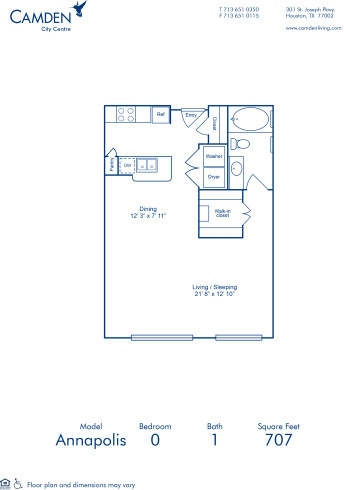 Blueprint of Annapolis Floor Plan, Studio with 1 Bathroom at Camden City Centre Apartments in Houston, TX