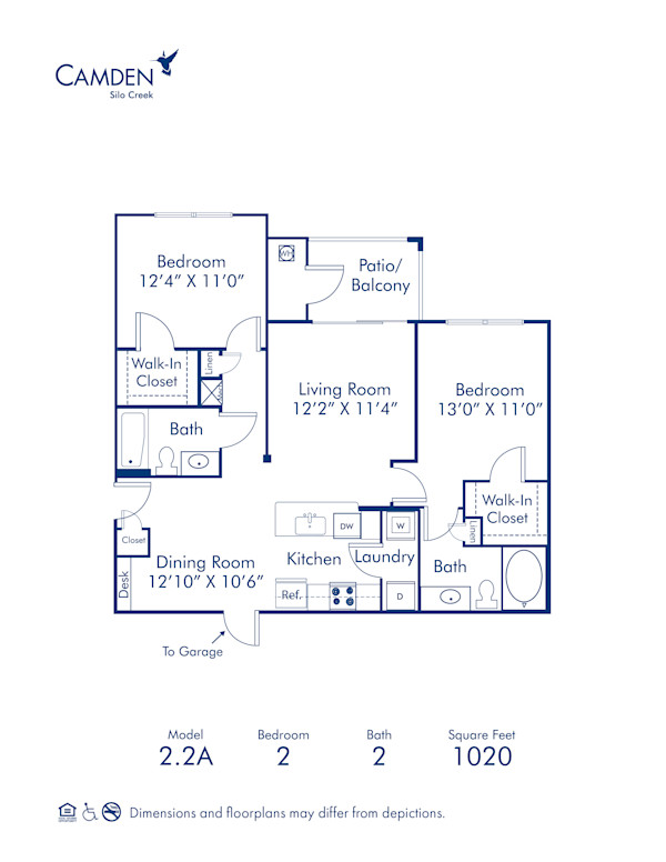 Blueprint of 2.2A Floor Plan, 2 Bedrooms and 2 Bathrooms at Camden Silo Creek Apartments in Ashburn, VA