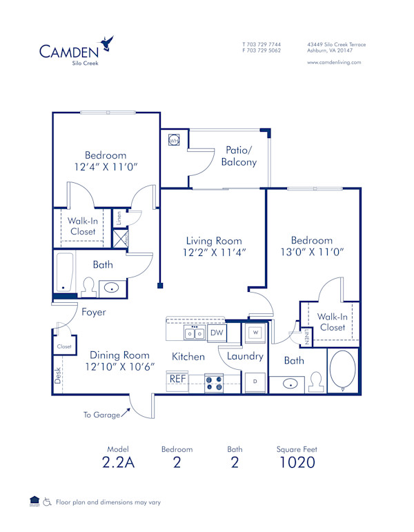 Blueprint of 2.2A Floor Plan, 2 Bedrooms and 2 Bathrooms at Camden Silo Creek Apartments in Ashburn, VA