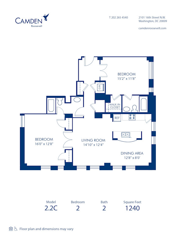 Blueprint of 2.2C Floor Plan, 2 Bedrooms and 2 Bathrooms at Camden Roosevelt Apartments in Washington, DC