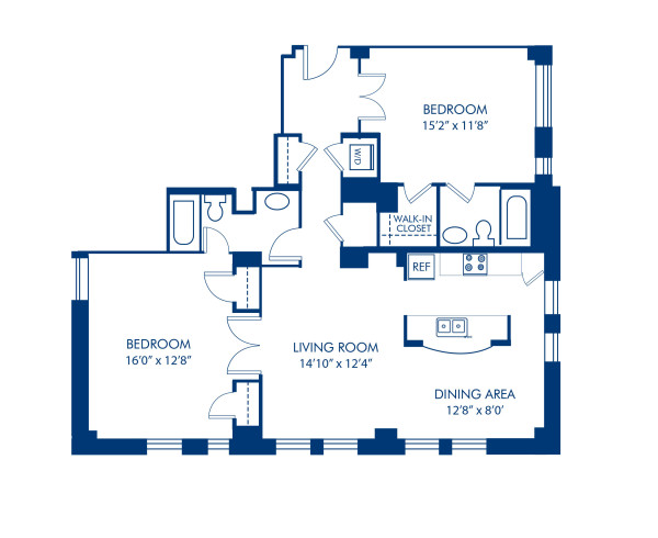 Blueprint of 2.2C Floor Plan, 2 Bedrooms and 2 Bathrooms at Camden Roosevelt Apartments in Washington, DC
