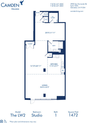 Blueprint of Live Work 2 Floor Plan, Studio with 1 Bathroom at Camden Glendale Apartments in Glendale, CA