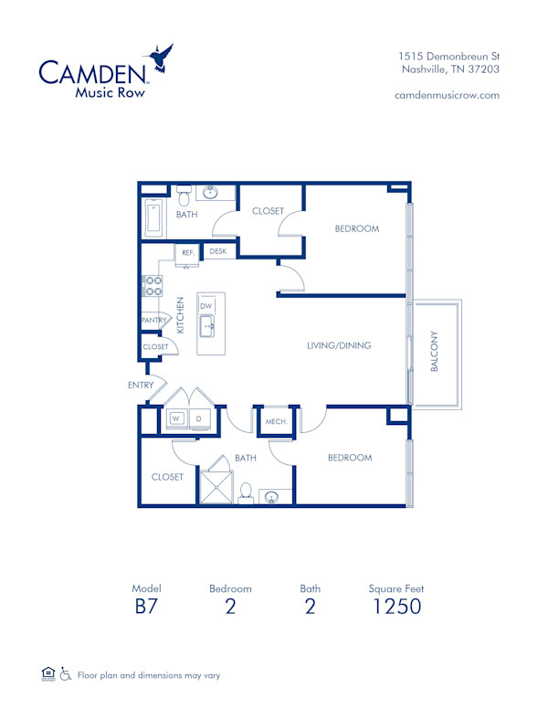 Blueprint of B7 Floor Plan, 2 Bedrooms and 2 Bathrooms at Camden Music Row Apartments in Nashville, TN