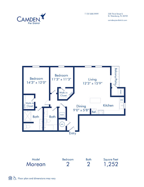 Blueprint of Morean Floor Plan, two bedroom two bathroom apartment at Camden Pier District in St. Petersburg, FL