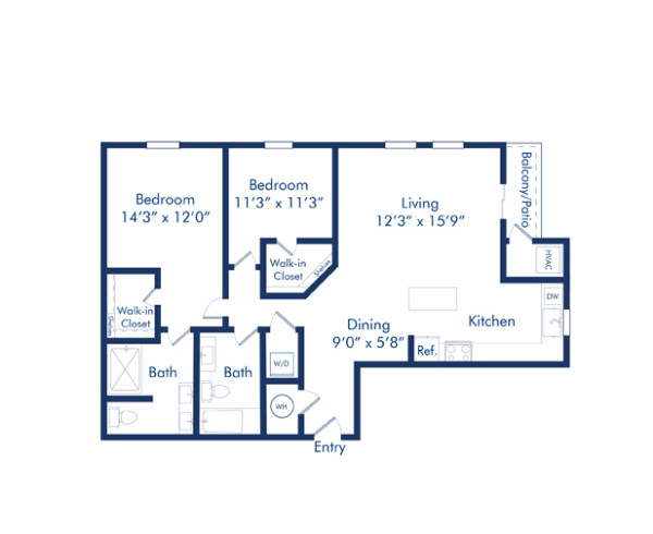 Blueprint of Morean Floor Plan, two bedroom two bathroom apartment at Camden Pier District in St. Petersburg, FL