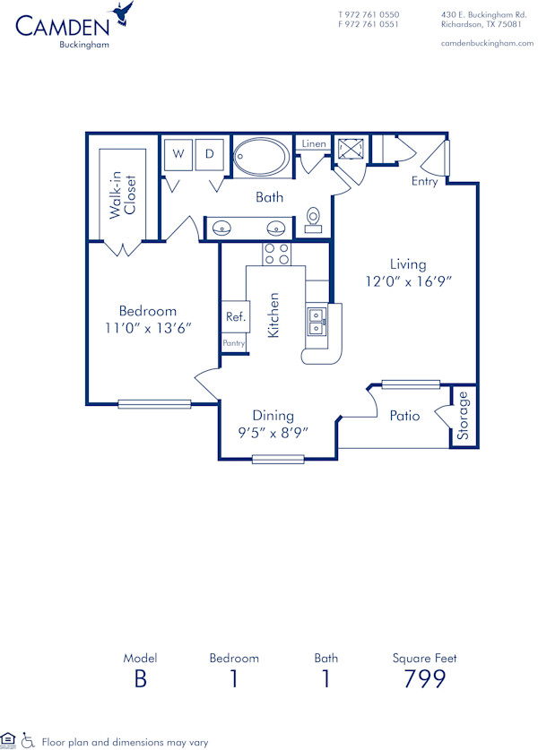 Blueprint of B Floor Plan, 1 Bedroom and 1 Bathroom at Camden Buckingham Apartments in Richardson, TX