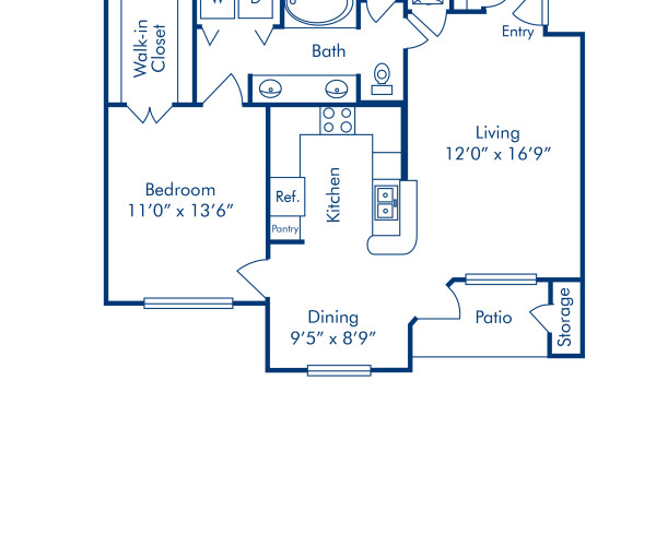 Blueprint of B Floor Plan, 1 Bedroom and 1 Bathroom at Camden Buckingham Apartments in Richardson, TX