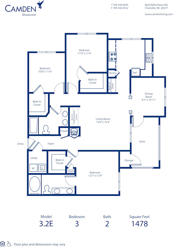 Blueprint of 3.2E Floor Plan, 3 Bedrooms and 2 Bathrooms at Camden Stonecrest Apartments in Charlotte, NC