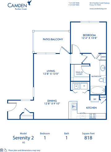 Blueprint of Serenity Floor Plan, 1 Bedroom and 1 Bathroom at Camden Panther Creek Apartments in Frisco, TX