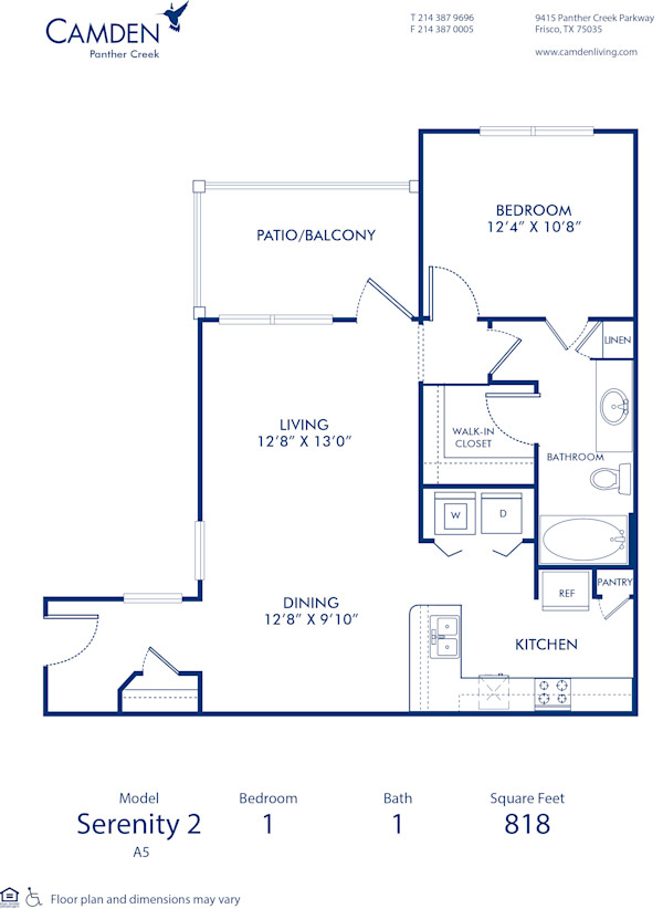 Blueprint of Serenity Floor Plan, 1 Bedroom and 1 Bathroom at Camden Panther Creek Apartments in Frisco, TX