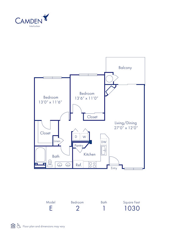 Blueprint of E Floor Plan, 2 Bedrooms and 1 Bathroom at Camden Interlocken Apartments in Broomfield, CO