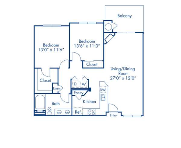 Blueprint of E Floor Plan, 2 Bedrooms and 1 Bathroom at Camden Interlocken Apartments in Broomfield, CO