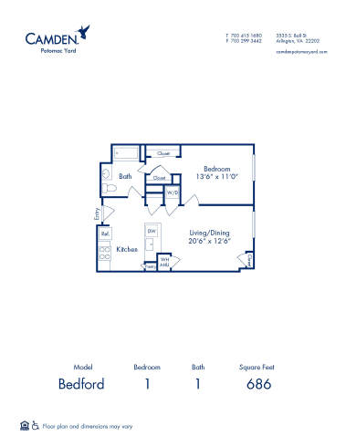 Blueprint of Bedford Floor Plan, 1 Bedroom and 1 Bathroom at Camden Potomac Yard Apartments in Arlington, VA