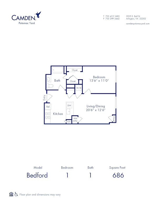 Blueprint of Bedford Floor Plan, 1 Bedroom and 1 Bathroom at Camden Potomac Yard Apartments in Arlington, VA